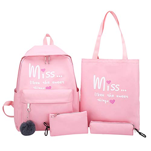 Fulltime(TM) Girls School Bags Set 4 Piece Miss Like the Sweet Things Prints Canvas School Backpack + Shoulder Bag + Small Pencil Case + Large Pencil Case for Teenagers