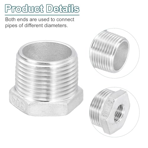 Image of uxcell 1Pcs 3 /4 inch Male to 1 /4 inch Female NPT 304 Stainless Steel Reducer Hex Bushing, Reducing Cast Pipe Adapter Fitting for industrial, oil /gas, water, HVAC, and plumbing systems