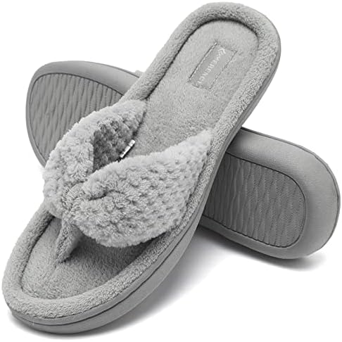 CIOR Women's Cozy Memory Foam Spa Thong Flip Flops House Indoor Slippers Plush Gridding Velvet Lining Clog Style-02-U1MTW017-22-Light Gray-38-39
