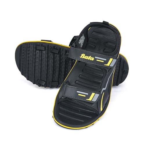 Image of Bata Men's Sports Sandals, Dual Velcro Strap, Textured Sole (BLACK /YELLOW, UK Footwear Size System, Adult, Men, Numeric, Medium, 8)