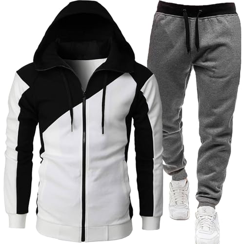 Generisch 2024 Chándal para hombre Traje deportivo de dos piezas con capucha Casual Chándal deportivo, Blanco, L