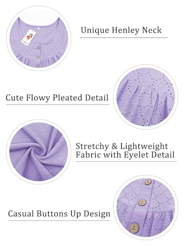 Image of VISLILY Womens-Plus-Size-Summer-Tops Buttons Up Henley Shirts Flowy Pleated Tunics Trendy Eyelet Short Sleeve Blouses