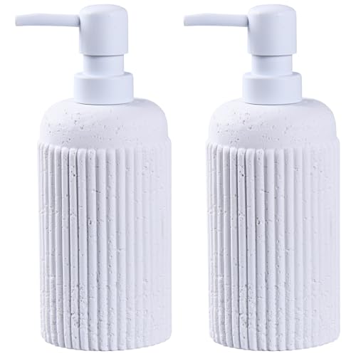 2Pcs White Natural Travertine Textures Hand Soap Dispenser Set, Small Bathroom Countertop Resin Liquid Soap Dispensers, Kitchen Dish Wash Soap Dispensers,Refillable Dispenser with Vertical Stripe