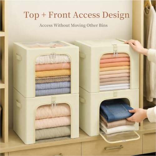 Image of GoMaihe Clothes Storage Bins with Metal Frame, 40L Sweater Storage Boxes for Above Shelf Closet, 4 Pack Stackable Clothing Storage Organizer with Clear Window for Jeans Hoodies T-shirt - Beige