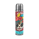 Jojogood - Botella de agua de acero inoxidable con diseño de calavera mexicana a prueba de fugas, de doble pared, de piel sintética, termo de viaje para bebidas calientes y frías