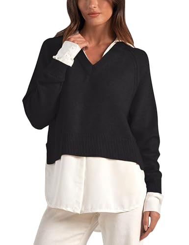 2 in 1 Patchwork Pullover Sweater for Women Knit V Neck Lapel Collar Shirt Tops 2025 Fall Winter Clothes