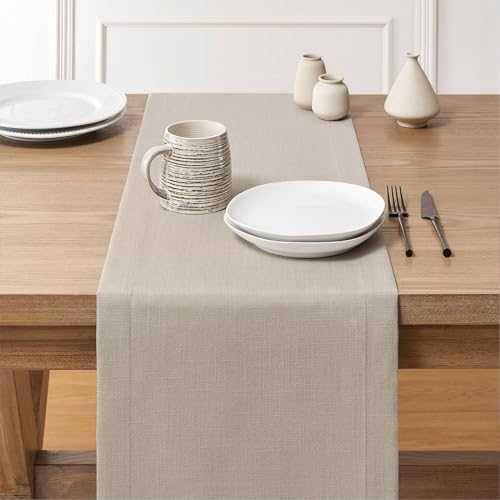 Image of ZeeMart Linen Textured Border Table Runner, 14 x 108 Inch Natural, Farmhouse Style Neutral Table Runners 108 Inches Long, Easy Care Everyday Polyester Table Runner