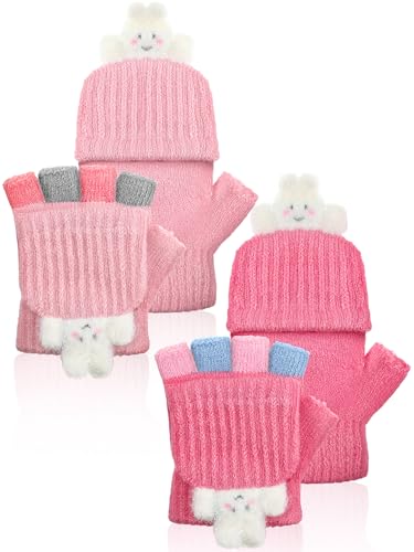SATINIOR 2 Pairs Winter Kids Fingerless Gloves Toddler Finger Mittens Knit Convertible Half Finger Mitten Flap Aged 3-10(Pink, Beige,Rabbit)
