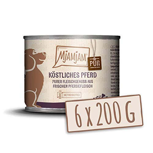 MjAMjAM alimento húmedo para perros de primera calidad, puro disfrute de la carne, delicioso caballo puro, paquete de 6 (6 x 200 g), sin cereales con carne extra