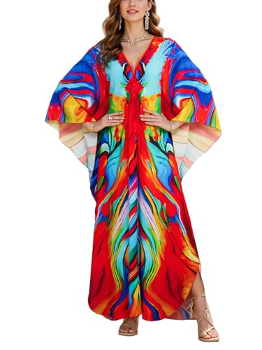 Image of IMAGEKOPE Women's Plus Size Animal Print V-Neck Batwing Kaftan Beach Dress Bathing Suit Cover-Up Loungewear