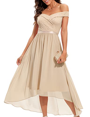 Prom Dresses for Teens Vintage Cocktail Dress Bridesmaid Dresses Women's Floral Lace Chiffon Long Dress Hi-Lo Prom Formal Cocktail Dresses for Women Champagne L