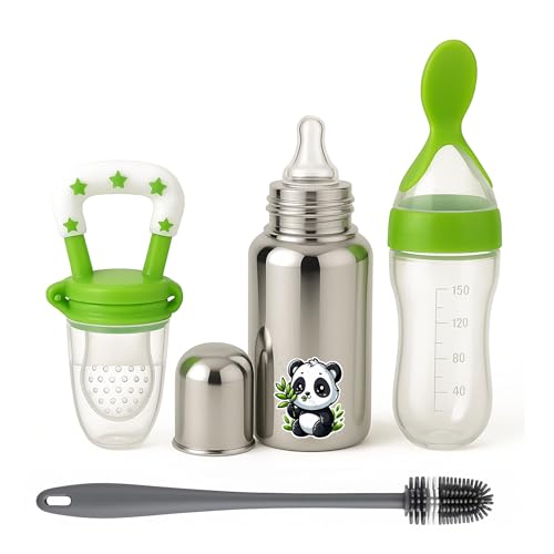 Image of Shark Doo Doo Stainless Steel Bottle for Babies (0-12 Months) - 250ml with Silicone Cleaning Brush (Combo Pack) | BPA Free (SS 4in1 Combo Green)
