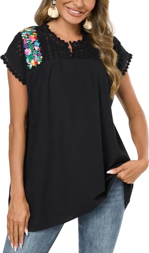 Mexican Shirts for Women Embroidered Tops Peasant Blouse Lace Tops White Short Sleeve Summer Floral V Neck T Shirt2