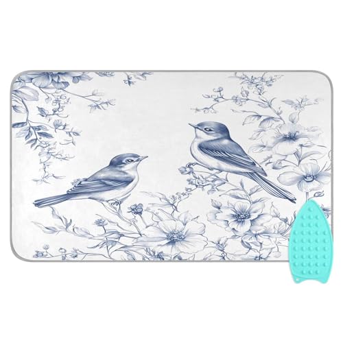 pnyoin Portable Ironing Mat Elegant French Birds Travel Ironing Pad with Silicone Iron Rest for Steam Pressing on Tabletop or Bed Heat Resistant Portable Quilting & Travel Blanket