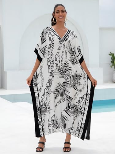 Image of KECVOT Kaftan Dresses for Women V-Neck Print Swimsuit Cover Up Plus Size Beach Caftan Lounge Dress