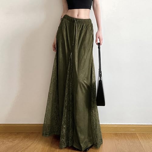 Women's Fashionable Casual Long Skirt, Summer Retro Artistic Style lace Patchwork Pocket Green Drawstring Skirt4