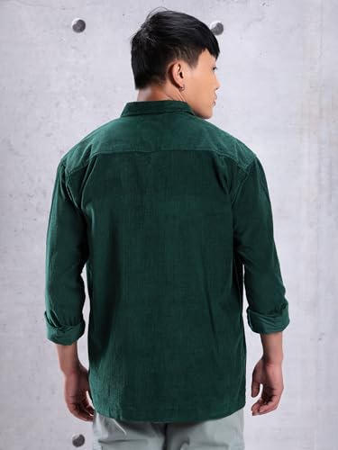 Image of Beyoung Bottle Green Box Corduroy Urban Shirt for Men