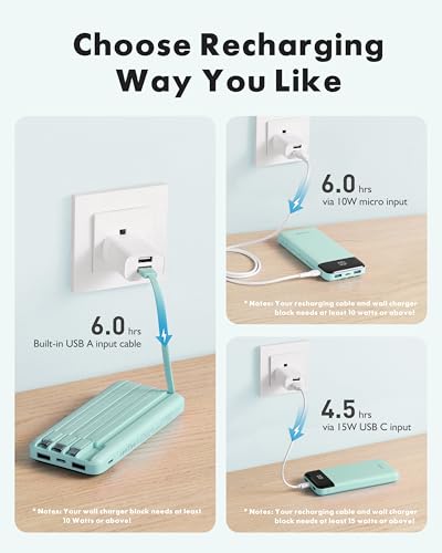 Image of charmast 10000mAh Portable Charger,Built-in 4 Cables,6 Outputs /3 Inputs,3A Fast Charging,Compatible with iPhone,iPad,Samsung,Pixel,LG