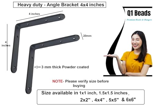 Image of Q1 Beads 4 Pack Metal 4 x 4 inches Heavy Duty 30 Kgs. Load Capacity L Clamp Angle Bracket Floating Shelf Bracket for Wall Shelf,Rack, Home,Shop, Showroom (4 x 4 Inches, Black Powder Coated)
