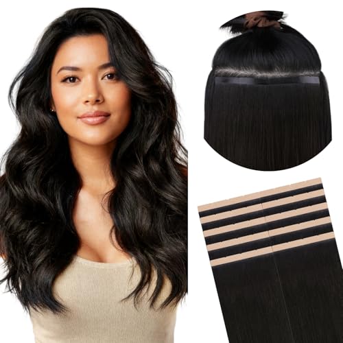 Image of GOO GOO Tape In Weft Hair Extensions Human Hair, 1B Natural Black, 8cm Wide Tape, 14inch 10pcs 50g, Tape Weft Hair Extensions, Seamless Tape in