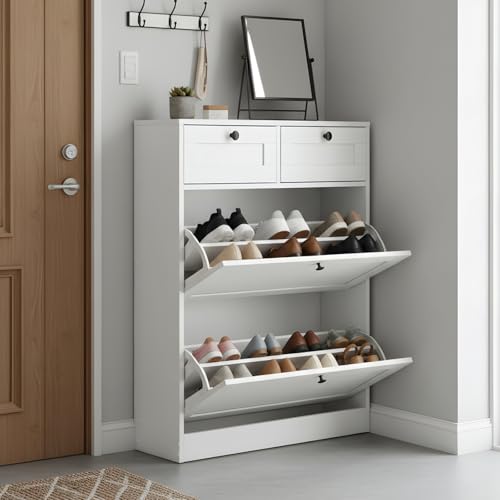GOKHOMX Zapatero Estrecho Entrada Recibidor, Mueble Zapatero Blanco con 2 Puertas Abatibles, 2 Cajones y Estantes Ajustables, para 16 Pares de Zapatos, Ideal para Entrada y Pasillo, 80x24x100 cm