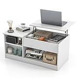 Tangkula White Lift Top Coffee Table, Wood Lift Tabletop Living Room Center Table w/Hidden Storage Compartment, Side Open Shelves & Single Door Cabinet, Modern Cocktail Tea Table for Home Office