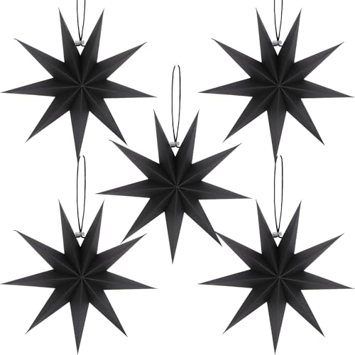 Image of 12 Inches 5 PCS Black Paper Star Lanterns Hanging Stars Christmas Party Decorations Hanging Lampshade Christmas Wedding Birthday Christmas Home Party Decorations(9 Pointed)