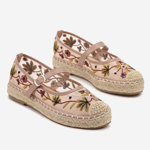 Women's Mary Jane Espadrilles Embroidered Mesh Woven Espadrille Outsole Ballet Flats Summer Casual Ballerina Shoes2
