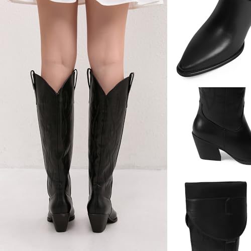 Image of iiimmu Cowgirl Boots Women Knee High Boots Pointed Toe and Block Heel Cowboy Suede and Faux Leather Boots with Embroidered