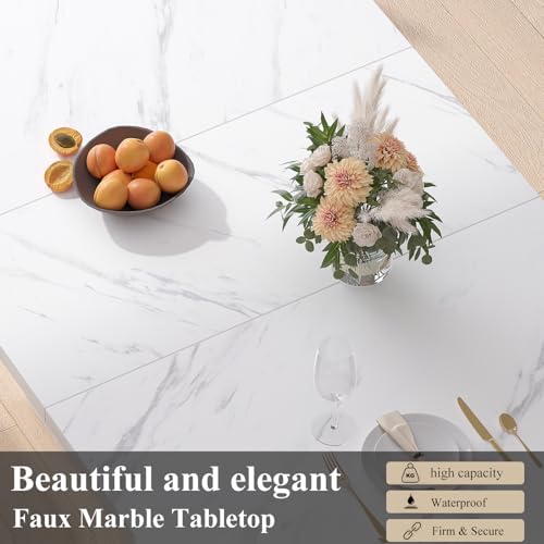 Image of HSH 55 inch White Faux Marble Dining Table for 4, Rectangle Dining Room Table | Modern Kitchen Table with a Heavy-Duty Pedestal Base, Seats 4, Ideal For Meals, Work and Gatherings, Table Only