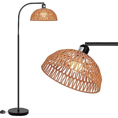 Farmhouse Rattan Floor Lamp, Black Rustic Tall Floor Lamp, Boho Floor Lamps with Hanging Adjustable Hand-Worked Rattan Shade, Foot Switch, Black Pole Lamps for Living Room (Bulb Not Included)