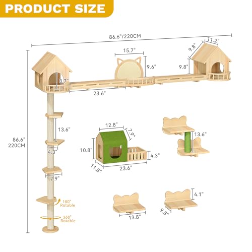 Image of DWVO Solid Wood Cat Wall Shelves and Perches, Tall Floor to Ceiling Cat Tower w Scratching Posts, Wall Mounted Cats Furniture Climbing Shelves for Large Cats w Houses, Steps, Runway, Scratching Board