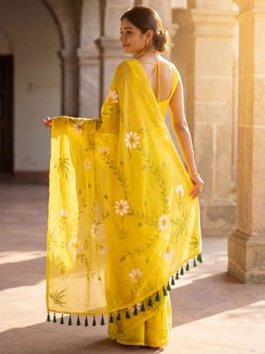 Image of AKHILAM Women's Cotton Saree with White Daisy Floral Prints Tassel Pallu Lightweight Summer Saree
