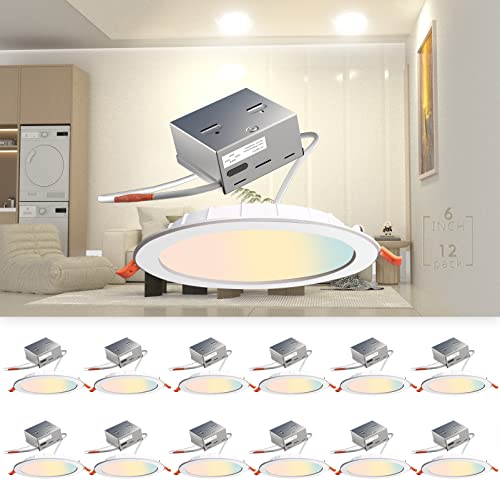 12 of Pack LED Recessed Lighting 6 inch CRI90 3CCT 3000K/4000K/5000K LED Can Lights Dimmable Resseced Light Fixtures Can-Killer Downlight Ceiling Light, 1200LM Brightness Slim Pot Canless-IC Rate