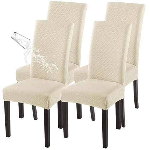Image of SearchI Waterproof Dining Room Chair Covers Set of 4, Stretch Jacquard Parsons Chair Slipcovers Removable Washable Kitchen Chair Protector for Dining Room, Hotel, Banquet(Beige Rhombus)