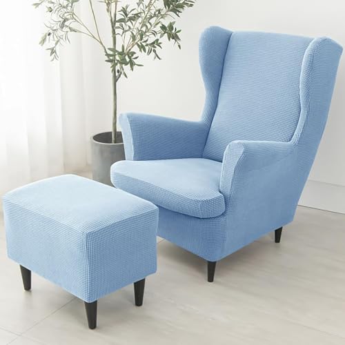 Housse De Fauteuil à Oreilles Extensible 3 Pièces + Repose-Pieds, Housse De Fauteuil à Oreilles en Polyester, Protège-Canapé avec élastique en Bas, pour...