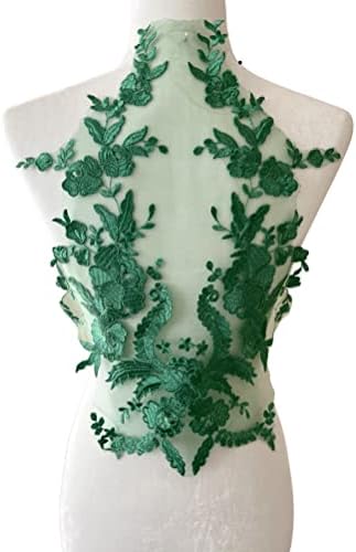 PEPPERLONELY 1pc Lace Flower Sew on Embroidered Lace Applique Wedding Dress Bride's Gown Headdress Adornment DIY Patch Clothing Accessories, 12.5 x 17 Inches, Green