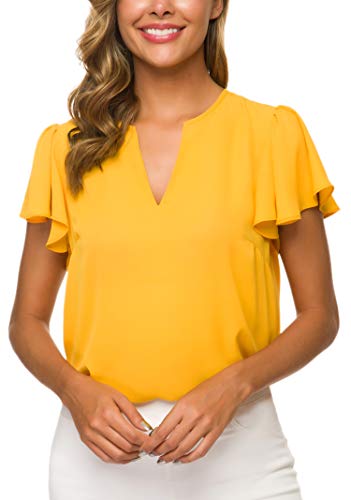 Women's Casual Ruffled V Neck Chiffon Blouse Short Sleeve Office Work Elegant Shirt Vintage Basic Tops2