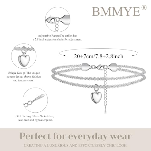BMMYE Sterling Silver Anklet Ankle Bracelets for Women,Adjustable Silver Anklets for Women Hypoallergenic Ankle Bracelet - Image 4