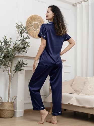 Image of WJing Yi Jia Womens Pajamas Set XS-4XL Floral Silk Satin Pajama Sets Silky Pj Sets 2Pcs Loungewear Sleepwear Button Down Pjs