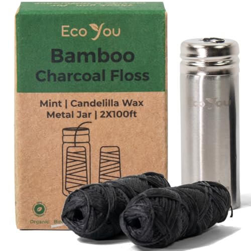 EcoYou Eco Floss | 2 Charcoal Dental Floss Refills + Dental Floss Holder | Mint & Candelilla Wax | Bamboo Floss
