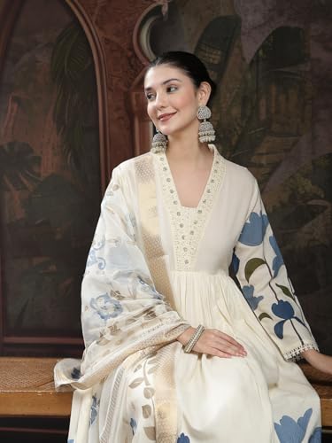 Image of Stylum Women's Floral Printed Rayon Flared Kurta Palazzo Dupatta Set