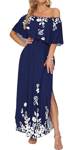 Image of AUSELILY Womens Off Shoulder Ruffle Split Summer Maxi Dresses with Pockets | Off-shoulder Ruffle dress with empire waist & side split for summer beach and casual parties