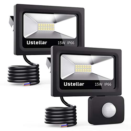 Ustellar Lot de 2 Projecteur LED Extérieur 15W avec Détecteur de Mouvement, IP66 Etanche, 1200lm, 5000K Blanc Froid, Eclairage de Sécurité, Lumière Spot Lampe Murale Jardin [Classe énergétique A+]