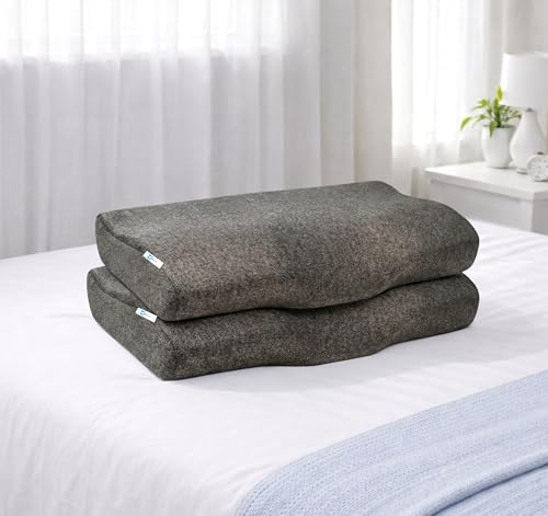 Image of CalmNest Anti-snoring Cervical 100% Memory Foam Pillow for Neck Pain & Shoulder Pain| Sleeping Pillow for Spondylitis Neck| Orthopaedic Ergonomic [2X 19 Blue Foam & Gray Cover]