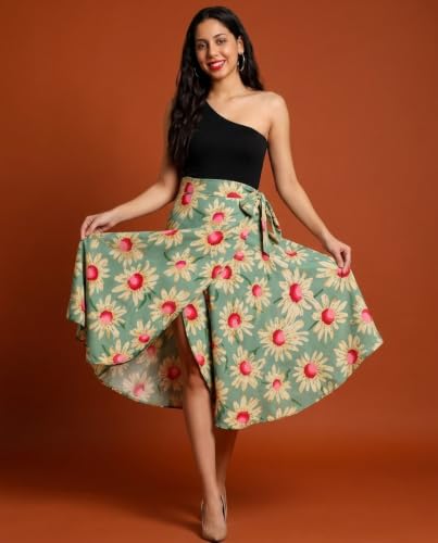 Image of GirlCode Women's Boho Floral Print Wrap Front Self Tie Knot Midi Skirt Women & Girls