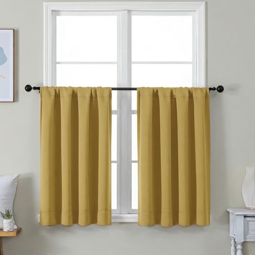 Image of Simplebrand Ava Bright Gold Short 36 Inches Blackout Curtain 2 Panels Set, Half Window Rod Pocket Privacy Curtain Tiers for Kitchen, Curtains Blackout for Bathroom Shades, W40 x L36 Inch, Bright Gold
