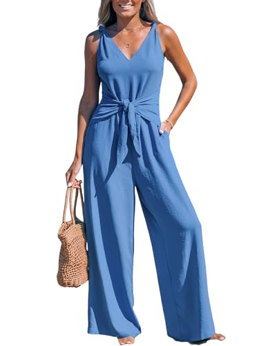 CUPSHE Damen Jumpsuit V-Ausschnitt Ärmellos Overall Weites Bein Strampler Knotenträger Playsuit Sommer Strand Hosenanzug
