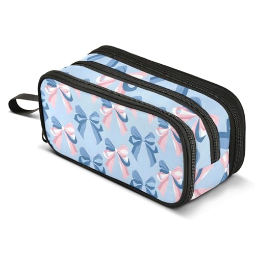 Image of ALAZA Pink Bow Blue Pattern Pencil Case Large Capacity Pencil Pouch Box Boys Girls School Supplies Pen Case Bag with Handle 3 Compartments Zipper