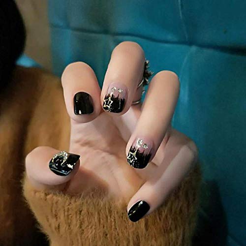TJJF Falsche Nägel 24Pcs / Box mit 2G Kleber New Gradient Black Stars Gefälschte Nägel Drücken Sie auf Mode Shiny…
